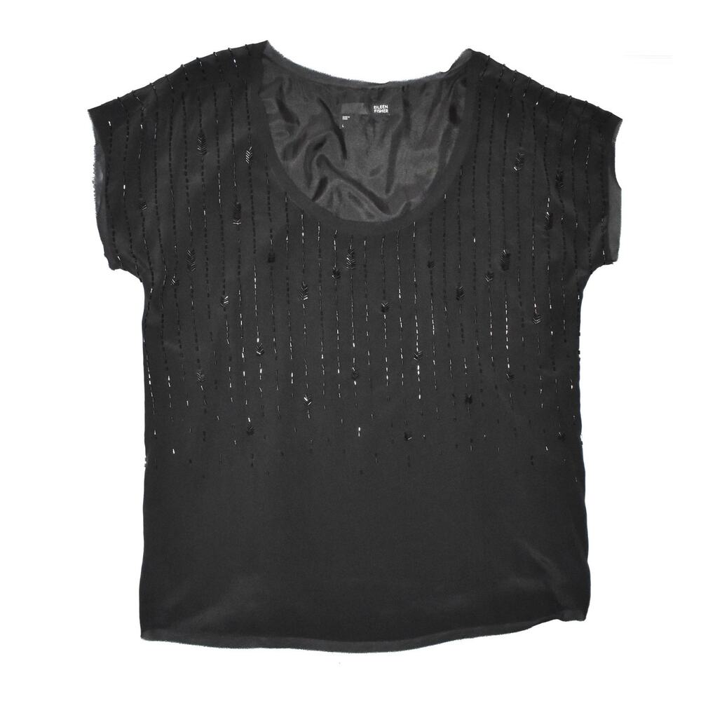 EILEEN FISHER Black Silk Sequin Beaded Short Sleeve Blouse Top Size L - Picture 3 of 5